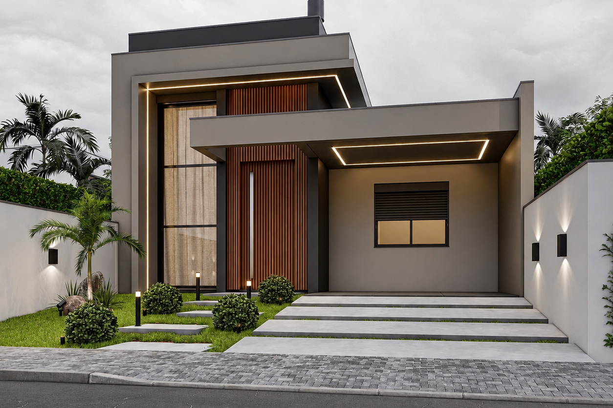 Residência Pátio em perspectiva, com garagem coberta e jardim frontal