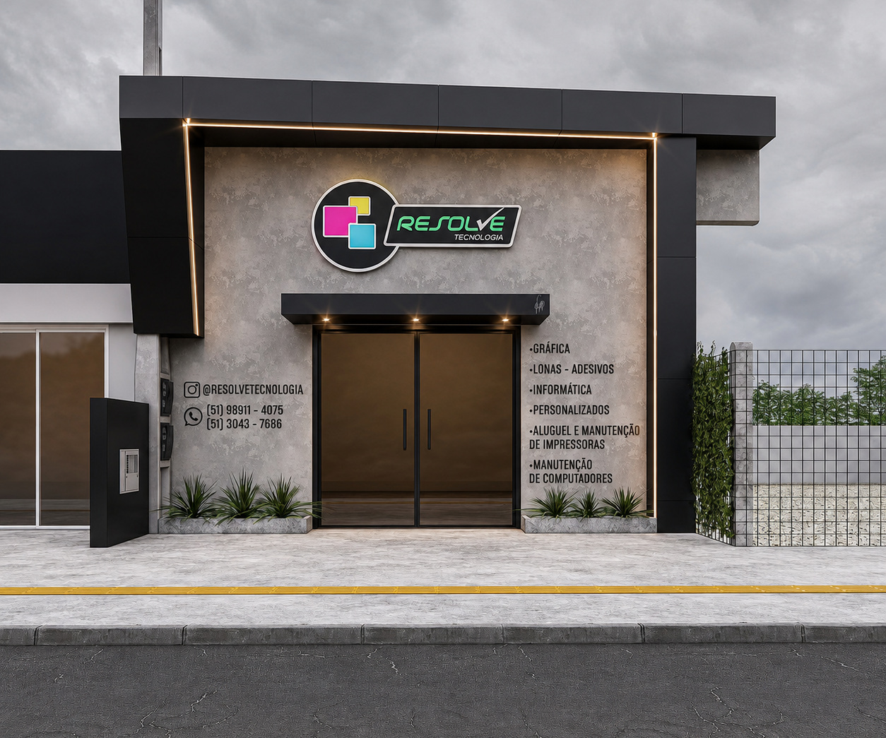 Fachada projetada: pórtico grafite, marca iluminada e serviços em texto aplicado
